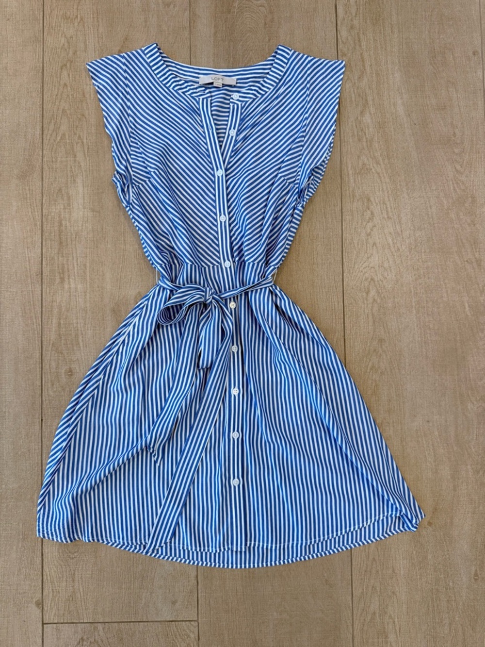 LOFT Blue and White Striped Tie-Waist Midi Dress